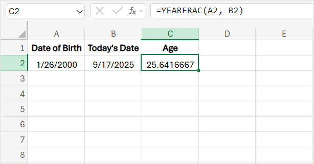 Calculate Age in Decimal Year using Excel