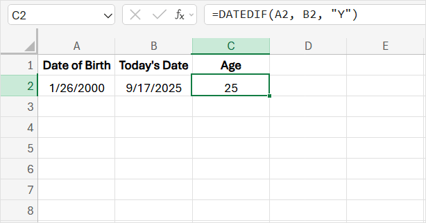 Calculate Age in Years using Excel